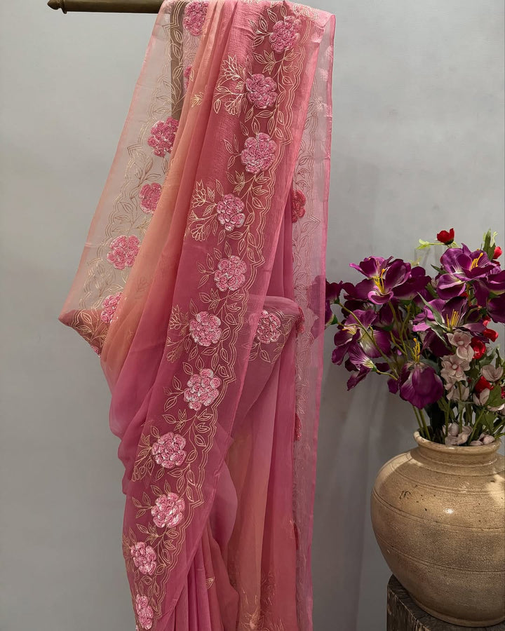 Pure Chiffon Hand Work Saree With Running Blouse