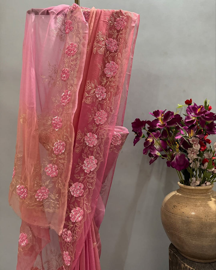 Pure Chiffon Hand Work Saree With Running Blouse