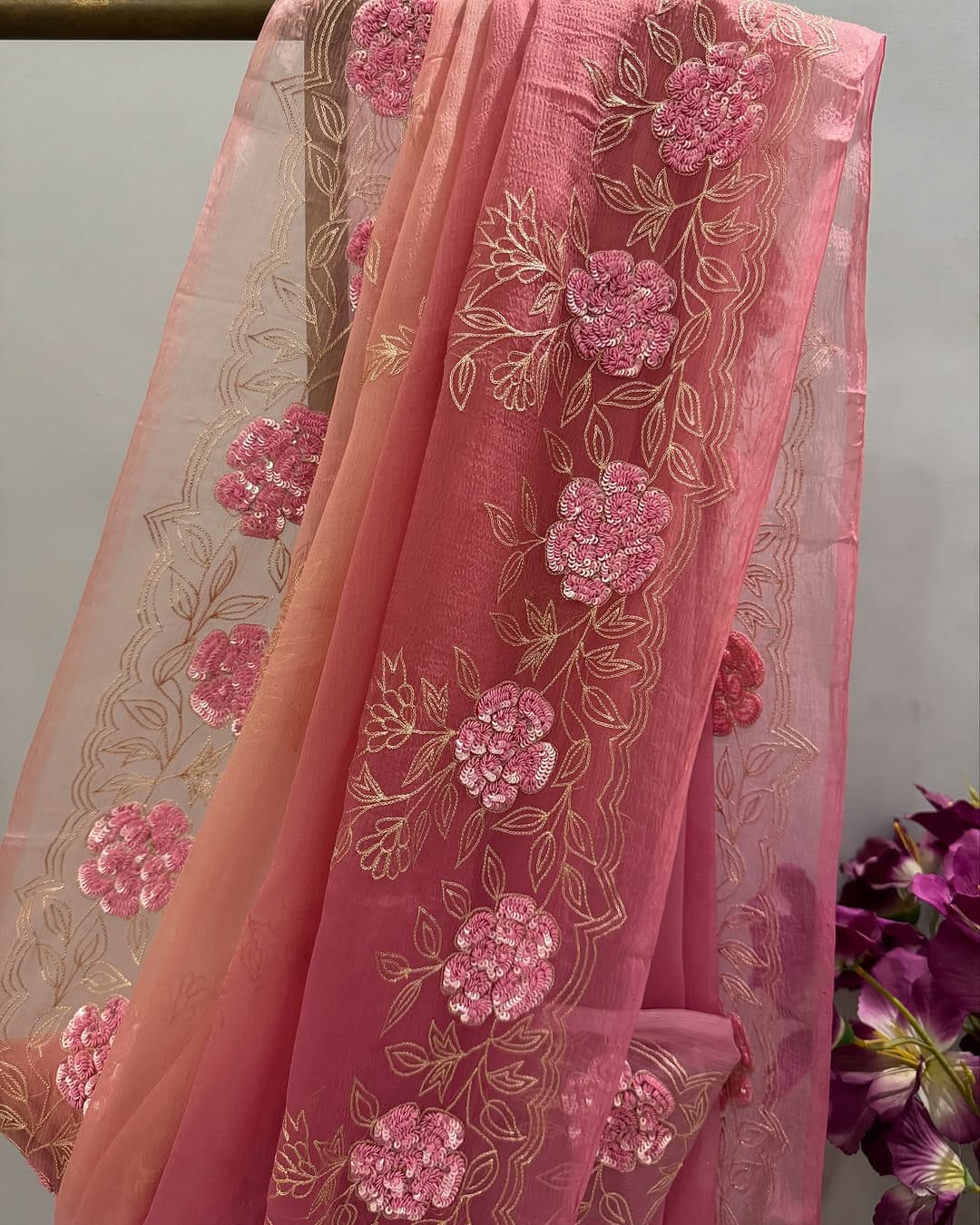 Pure Chiffon Hand Work Saree With Running Blouse