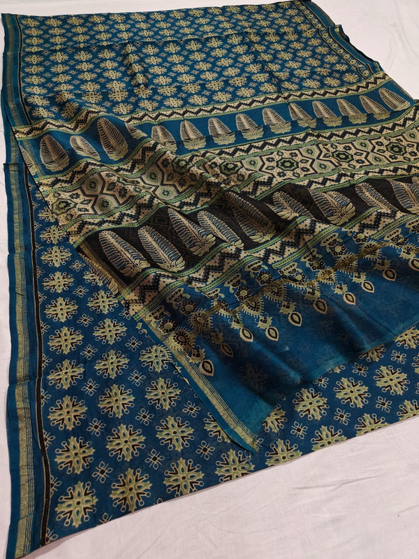 Pure Chanderi Silk Saree With Azrak Print With Blouse