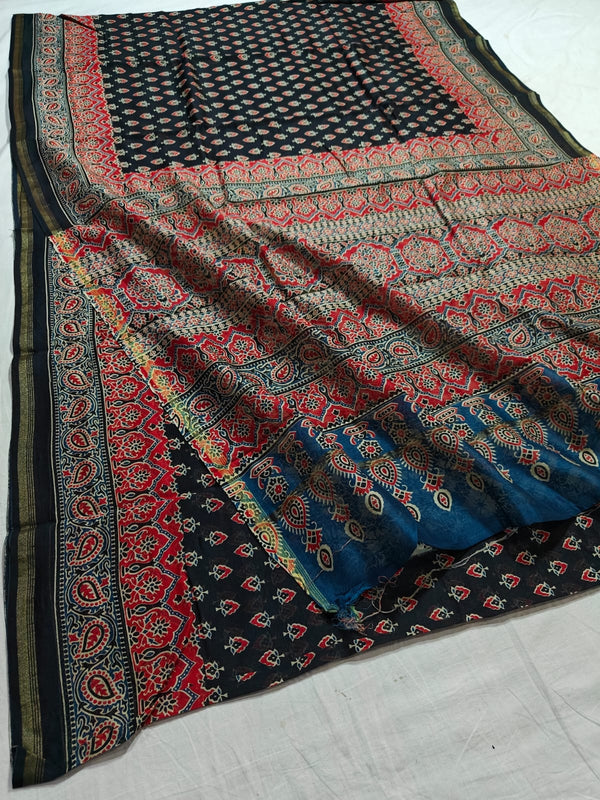 Pure Chanderi Silk Saree With Azrak Print With Blouse