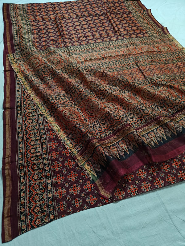 Pure Chanderi Silk Saree With Azrak Print With Blouse