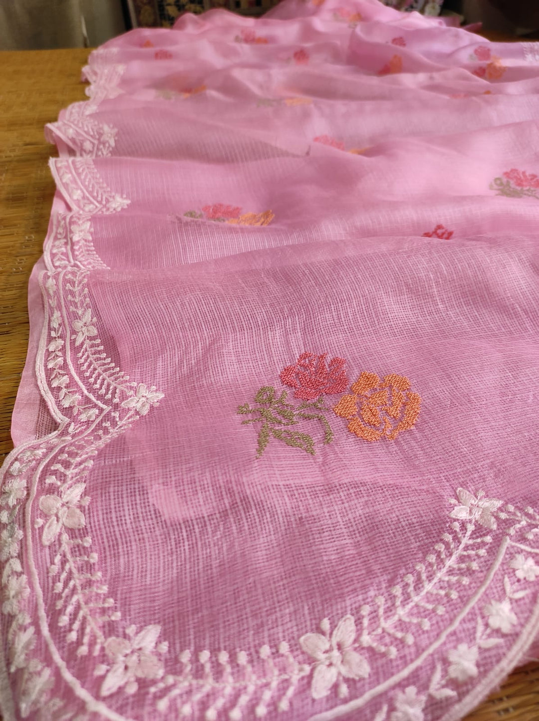 Pure Tussar Kota Silk Saree with Cross-stitch Buta and Scallop Edging Embroidery Work
