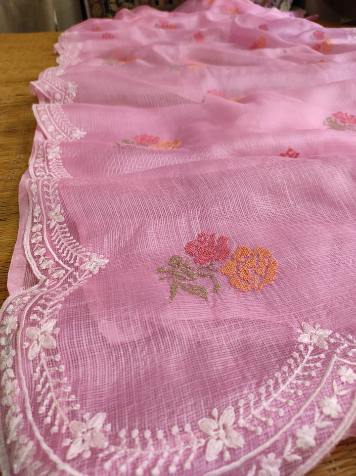 Pure Tussar Kota Silk Saree with Cross-stitch Buta and Scallop Edging Embroidery Work