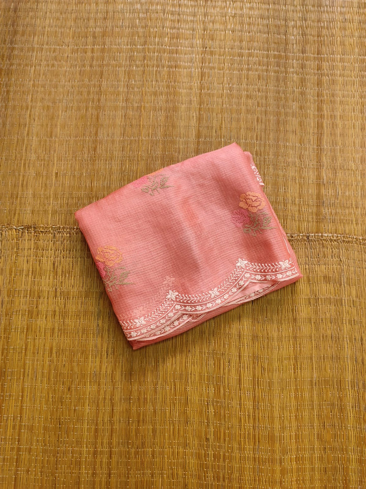 Pure Tussar Kota Silk Saree with Cross-stitch Buta and Scallop Edging Embroidery Work