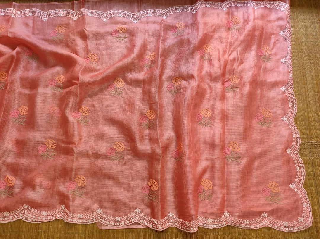 Pure Tussar Kota Silk Saree with Cross-stitch Buta and Scallop Edging Embroidery Work