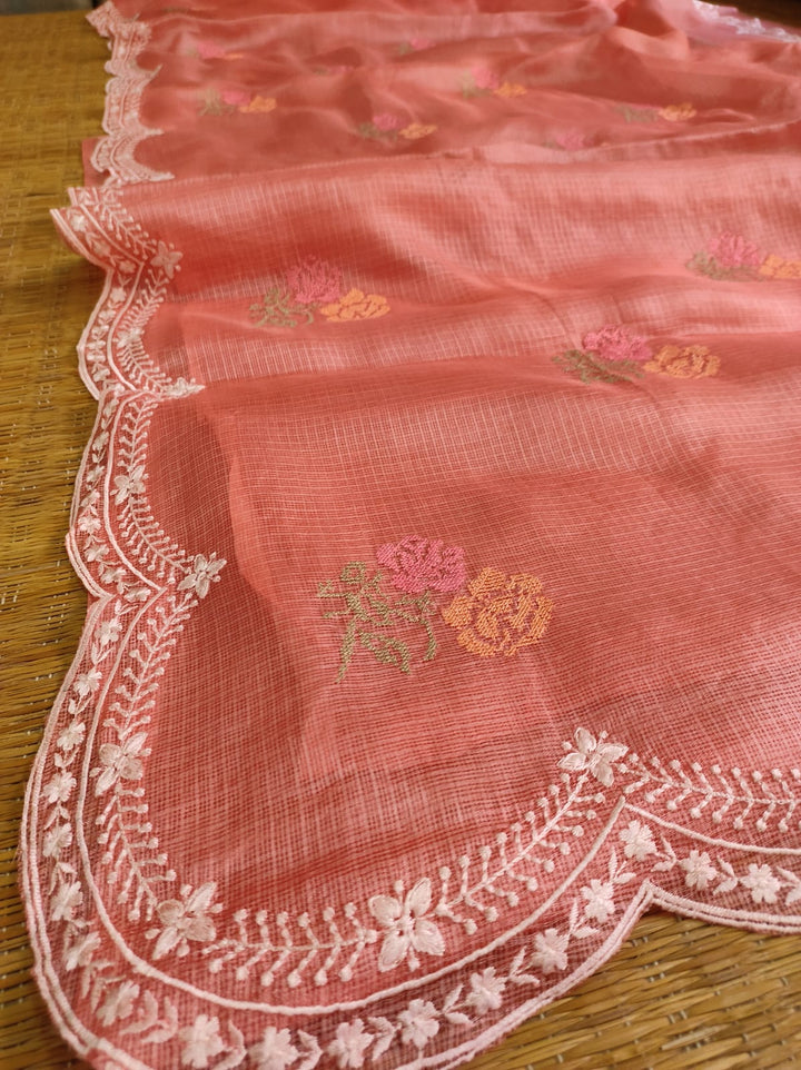 Pure Tussar Kota Silk Saree with Cross-stitch Buta and Scallop Edging Embroidery Work
