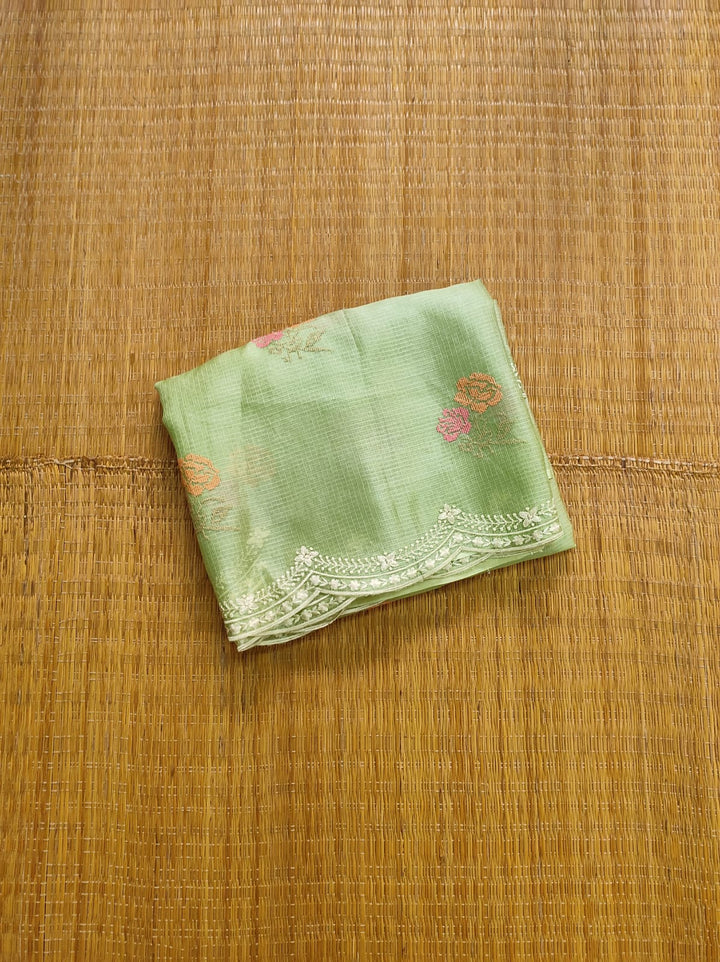 Pure Tussar Kota Silk Saree with Cross-stitch Buta and Scallop Edging Embroidery Work