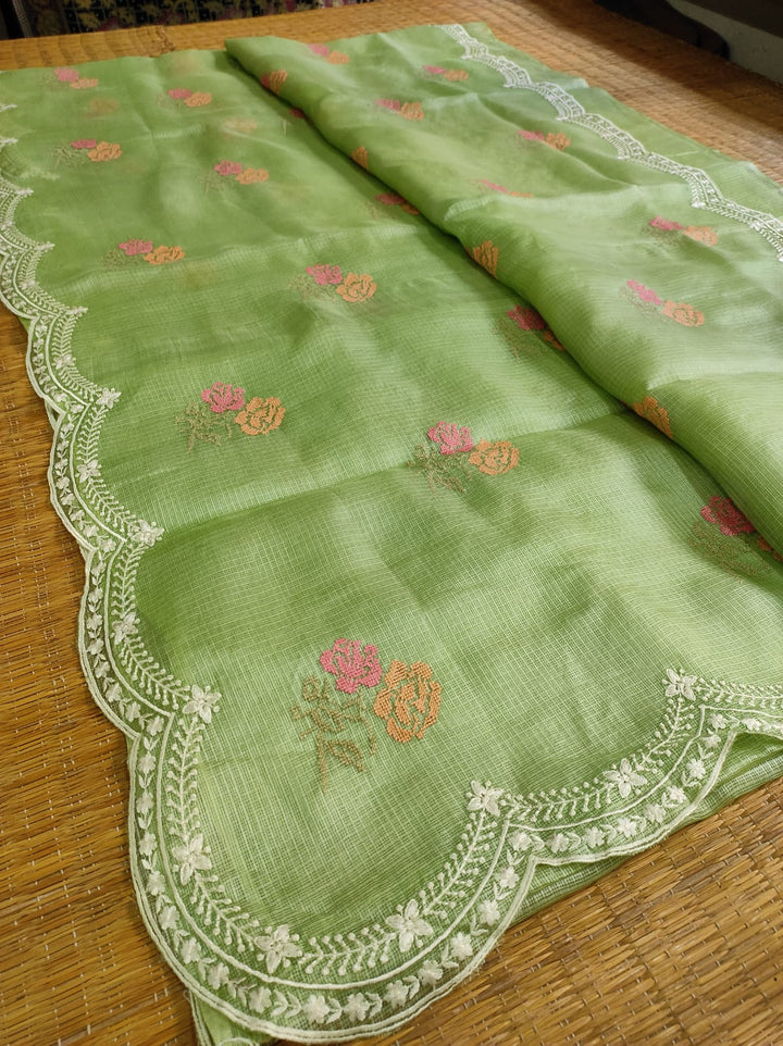 Pure Tussar Kota Silk Saree with Cross-stitch Buta and Scallop Edging Embroidery Work