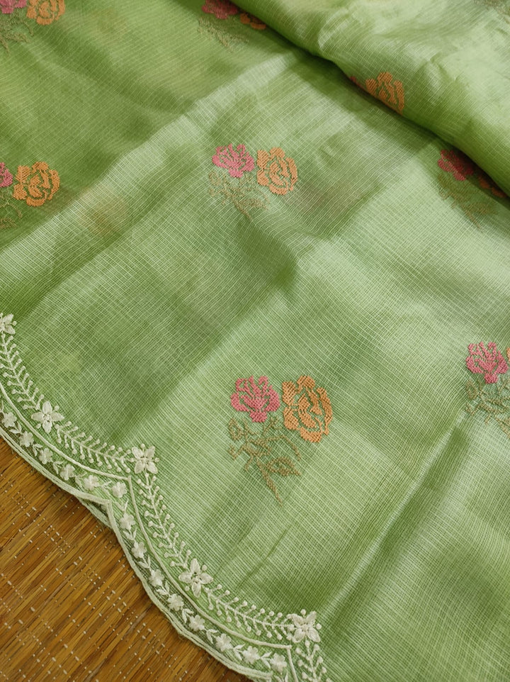 Pure Tussar Kota Silk Saree with Cross-stitch Buta and Scallop Edging Embroidery Work
