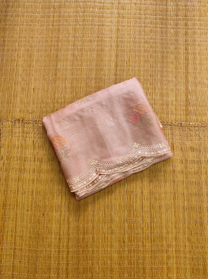 Pure Tussar Kota Silk Saree with Cross-stitch Buta and Scallop Edging Embroidery Work