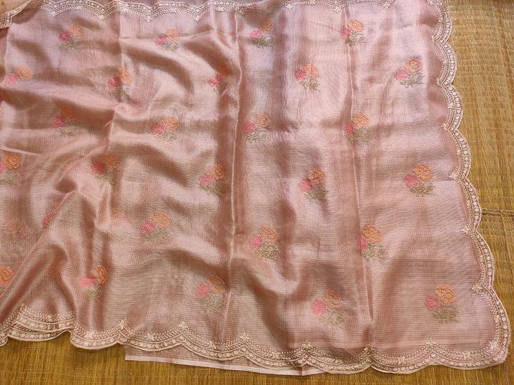 Pure Tussar Kota Silk Saree with Cross-stitch Buta and Scallop Edging Embroidery Work
