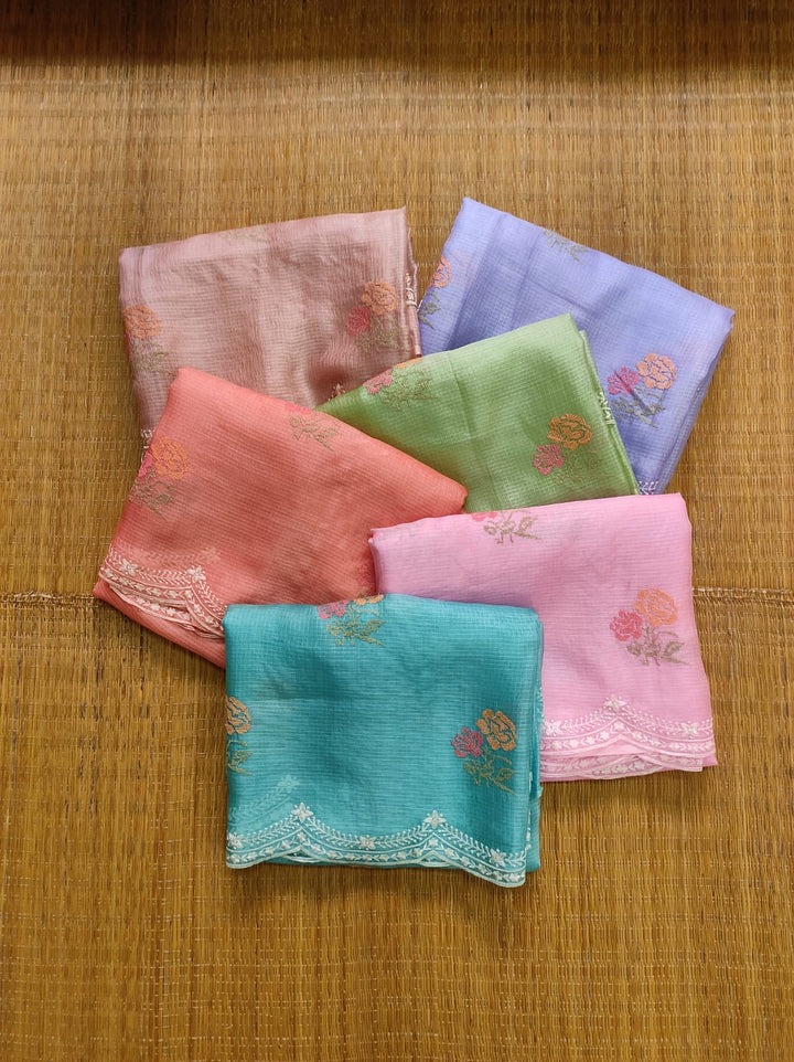 Pure Tussar Kota Silk Saree with Cross-stitch Buta and Scallop Edging Embroidery Work