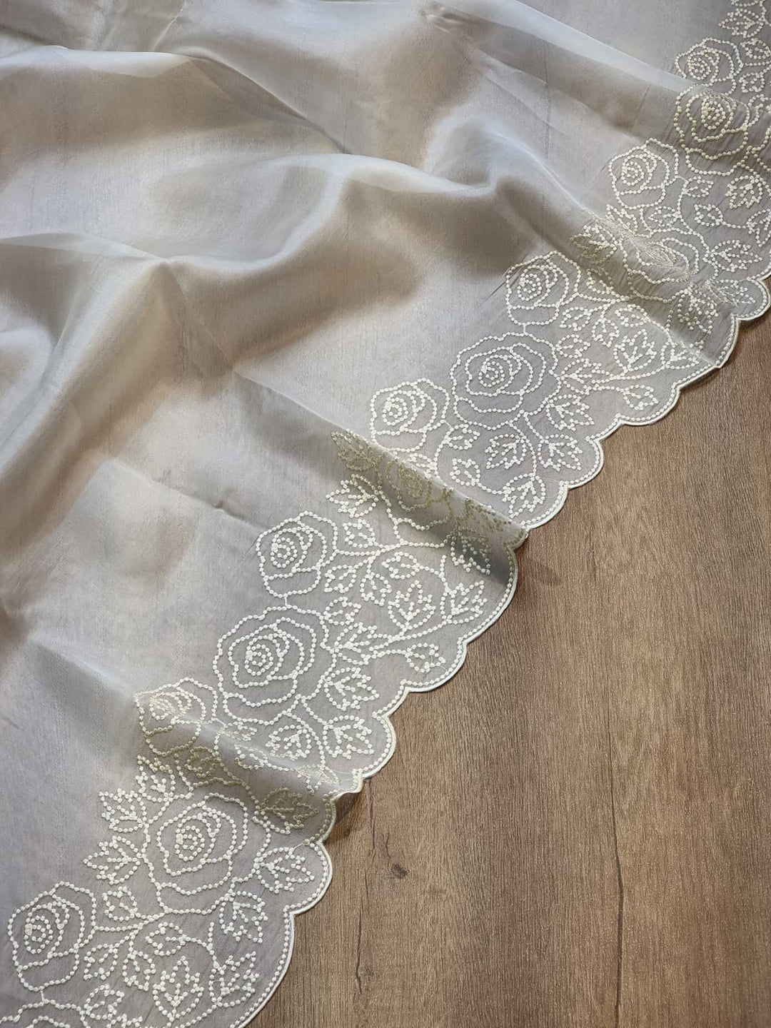 Pure Organza Silk Pearl Embroidery Work Cutwork Scallop Border Saree