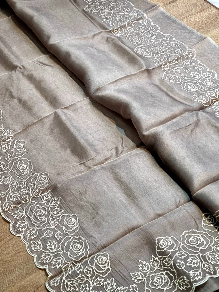 Pure Organza Silk Pearl Embroidery Work Cutwork Scallop Border Saree