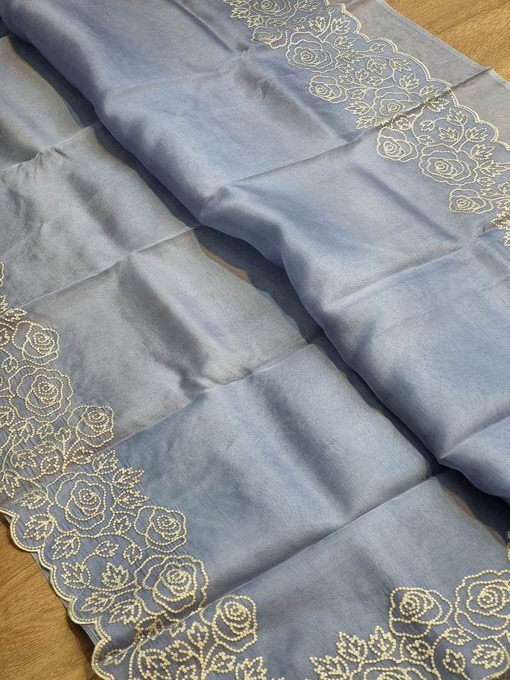 Pure Organza Silk Pearl Embroidery Work Cutwork Scallop Border Saree