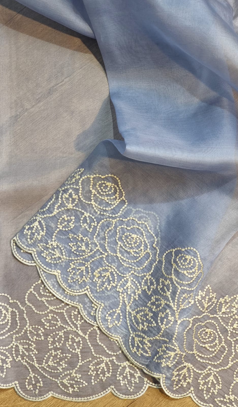 Pure Organza Silk Pearl Embroidery Work Cutwork Scallop Border Saree