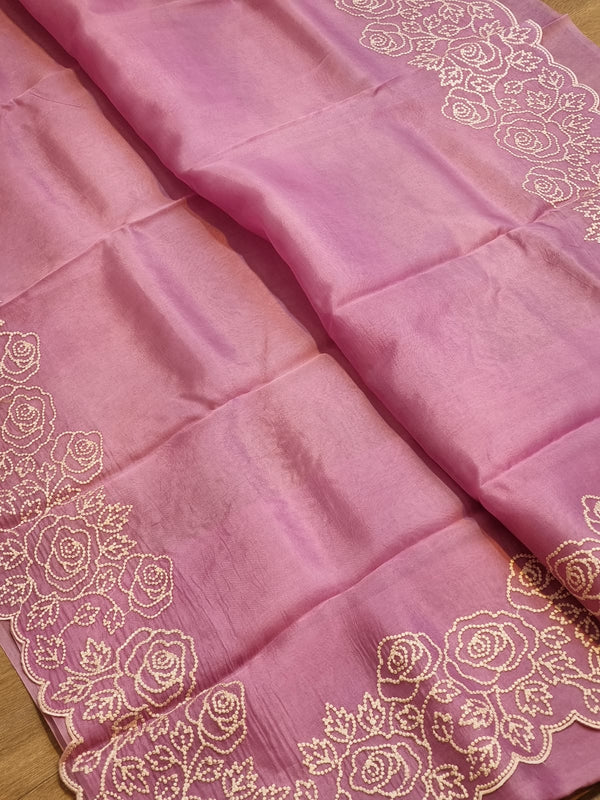 Pure Organza Silk Pearl Embroidery Work Cutwork Scallop Border Saree