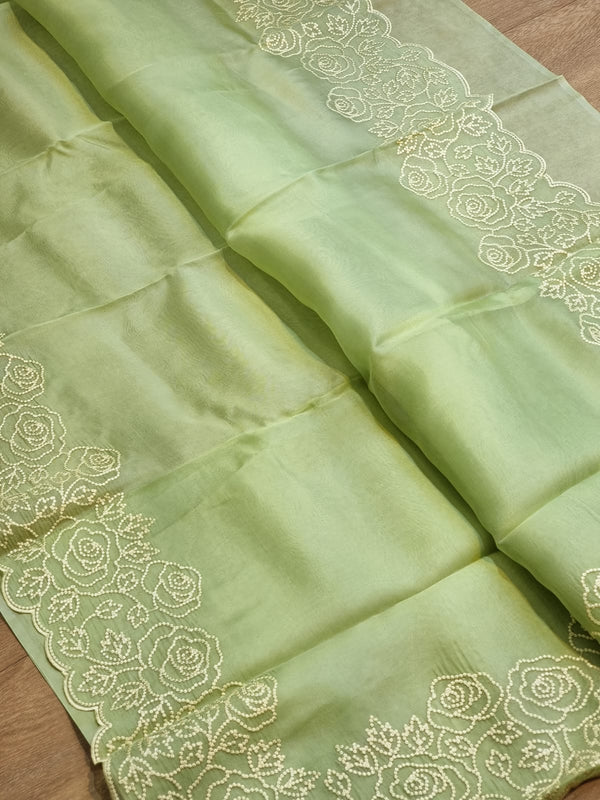 Pure Organza Silk Pearl Embroidery Work Cutwork Scallop Border Saree