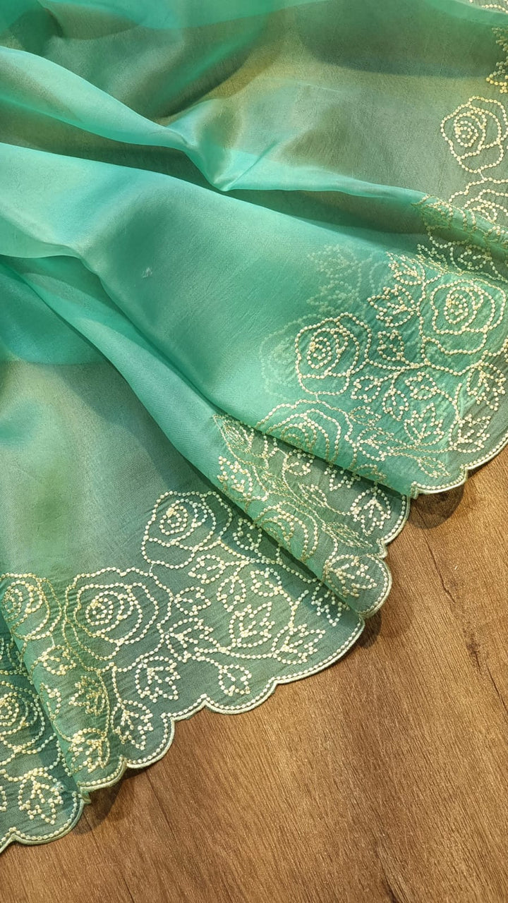 Pure Organza Silk Pearl Embroidery Work Cutwork Scallop Border Saree