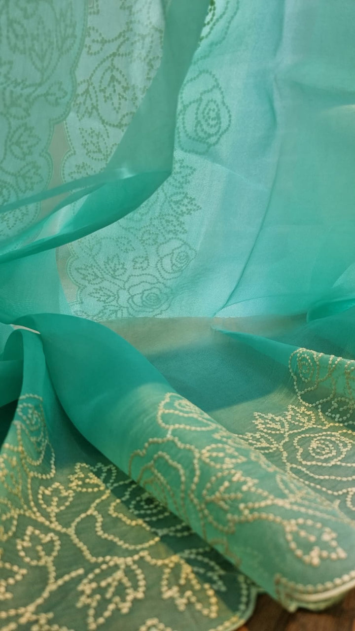 Pure Organza Silk Pearl Embroidery Work Cutwork Scallop Border Saree