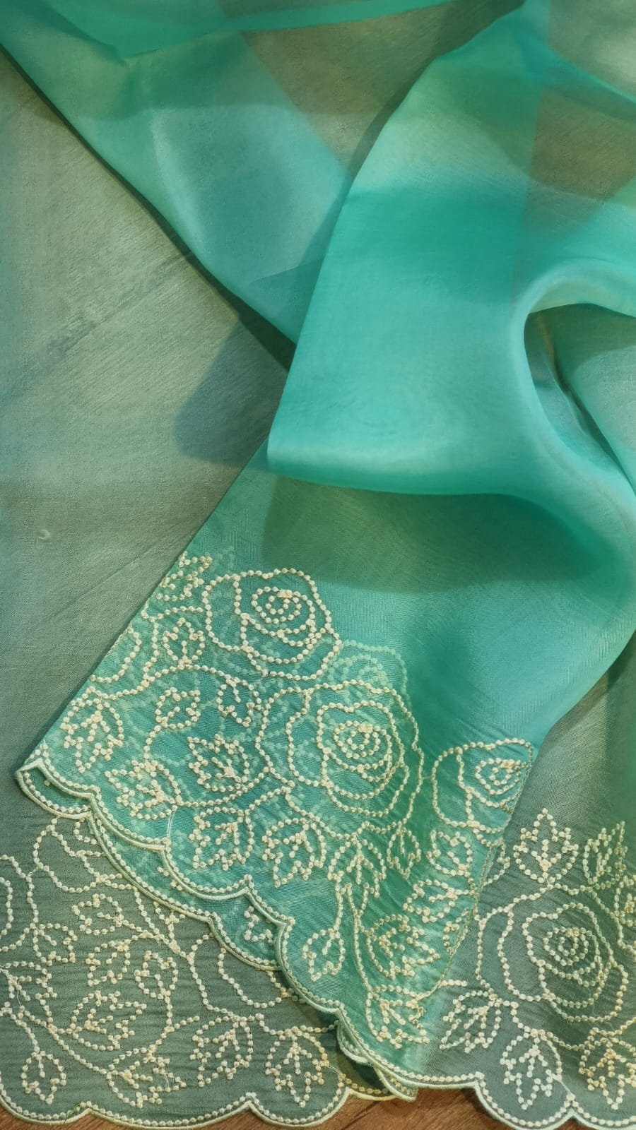 Pure Organza Silk Pearl Embroidery Work Cutwork Scallop Border Saree