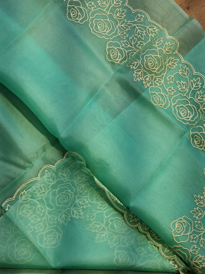 Pure Organza Silk Pearl Embroidery Work Cutwork Scallop Border Saree