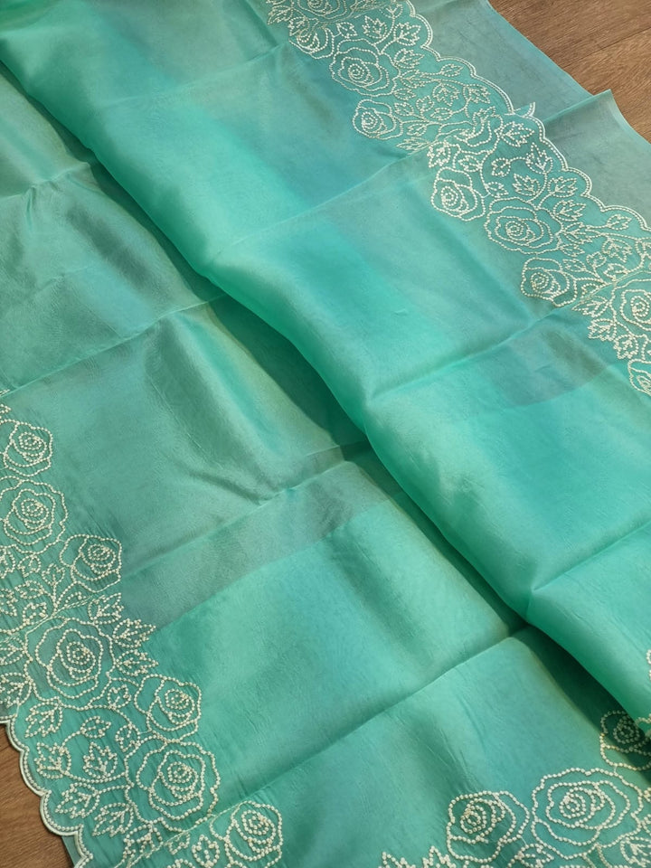 Pure Organza Silk Pearl Embroidery Work Cutwork Scallop Border Saree