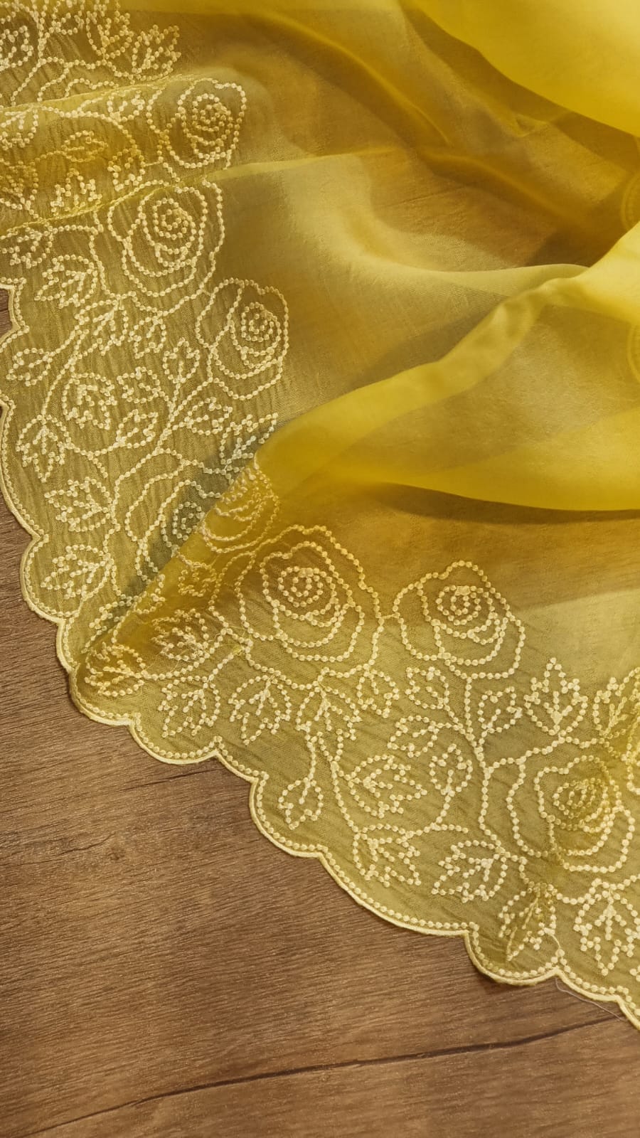 Pure Organza Silk Pearl Embroidery Work Cutwork Scallop Border Saree