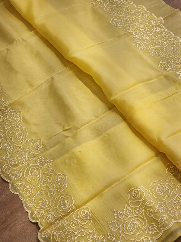 Pure Organza Silk Pearl Embroidery Work Cutwork Scallop Border Saree