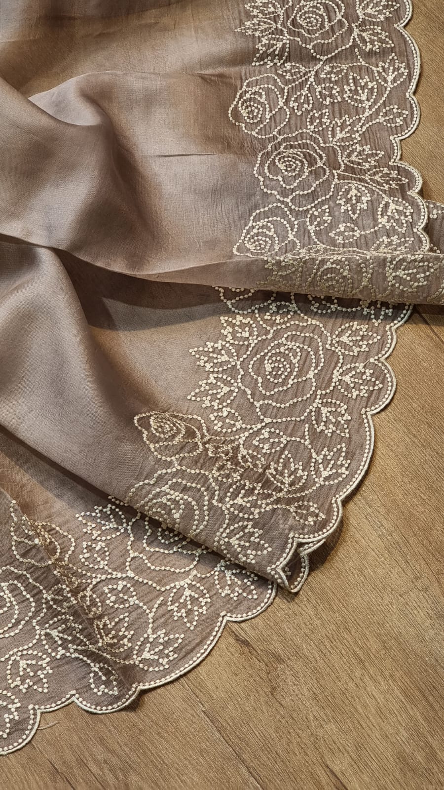 Pure Organza Silk Pearl Embroidery Work Cutwork Scallop Border Saree