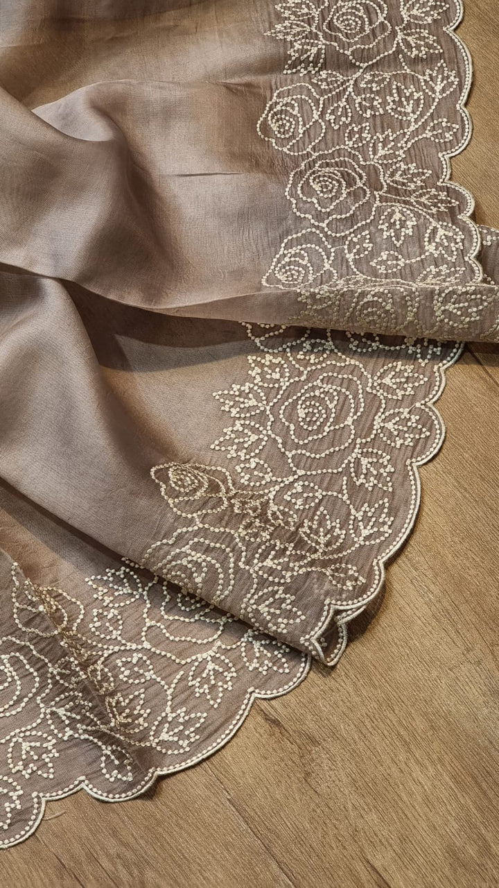Pure Organza Silk Pearl Embroidery Work Cutwork Scallop Border Saree