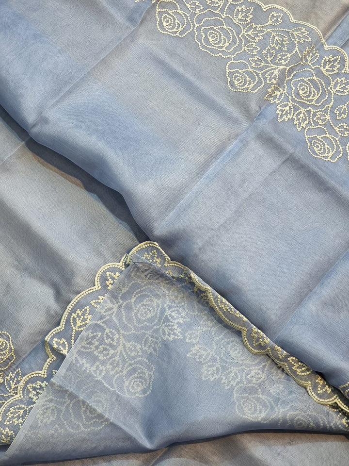 Pure Organza Silk Pearl Embroidery Work Cutwork Scallop Border Saree
