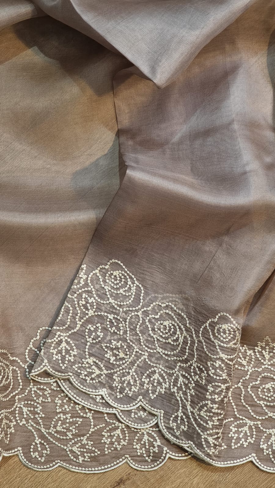Pure Organza Silk Pearl Embroidery Work Cutwork Scallop Border Saree