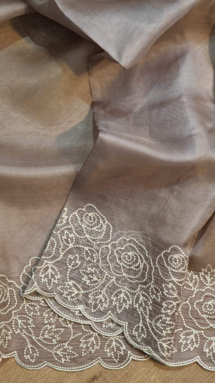 Pure Organza Silk Pearl Embroidery Work Cutwork Scallop Border Saree