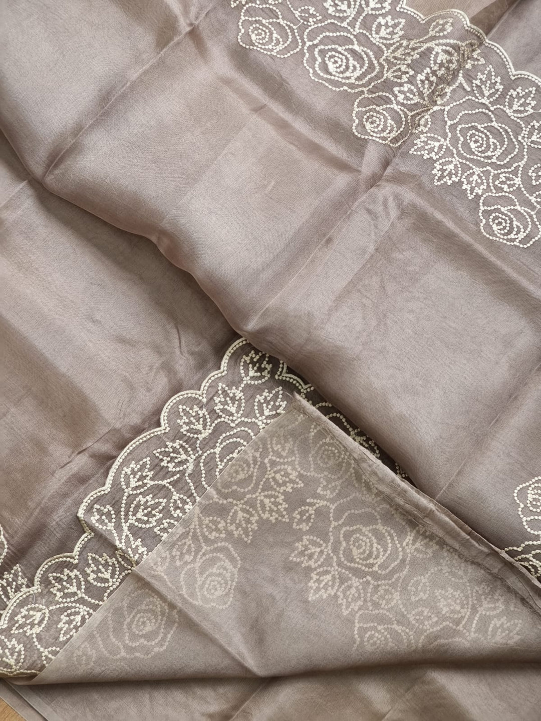 Pure Organza Silk Pearl Embroidery Work Cutwork Scallop Border Saree