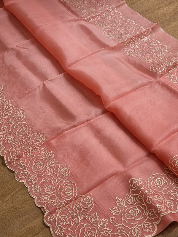 Pure Organza Silk Pearl Embroidery Work Cutwork Scallop Border Saree