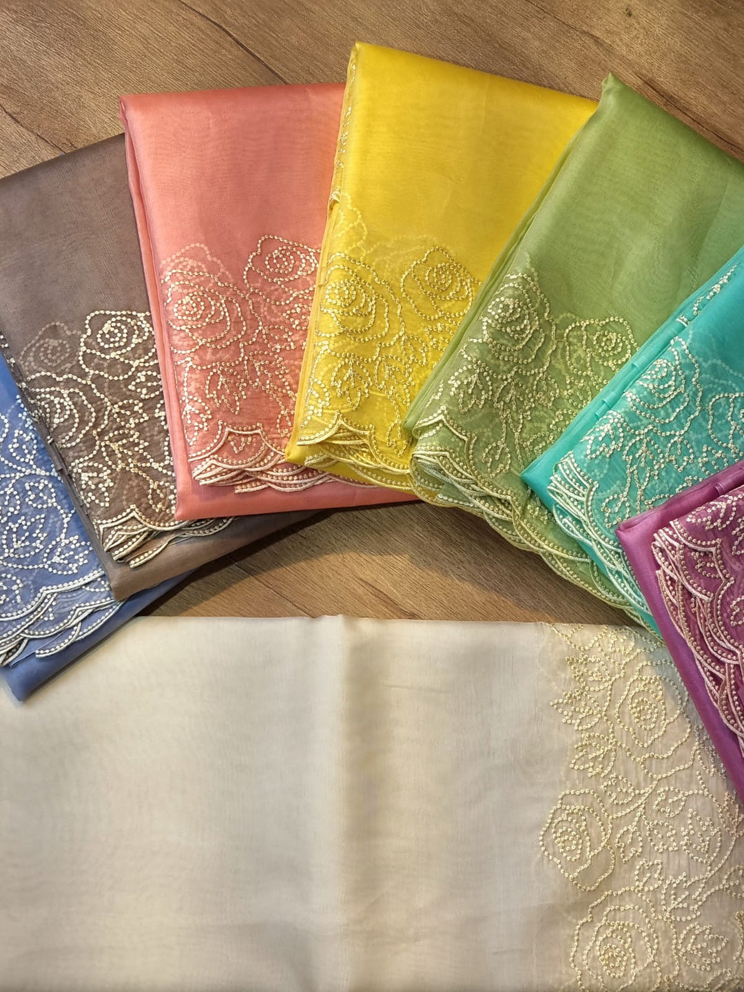 Pure Organza Silk Pearl Embroidery Work Cutwork Scallop Border Saree