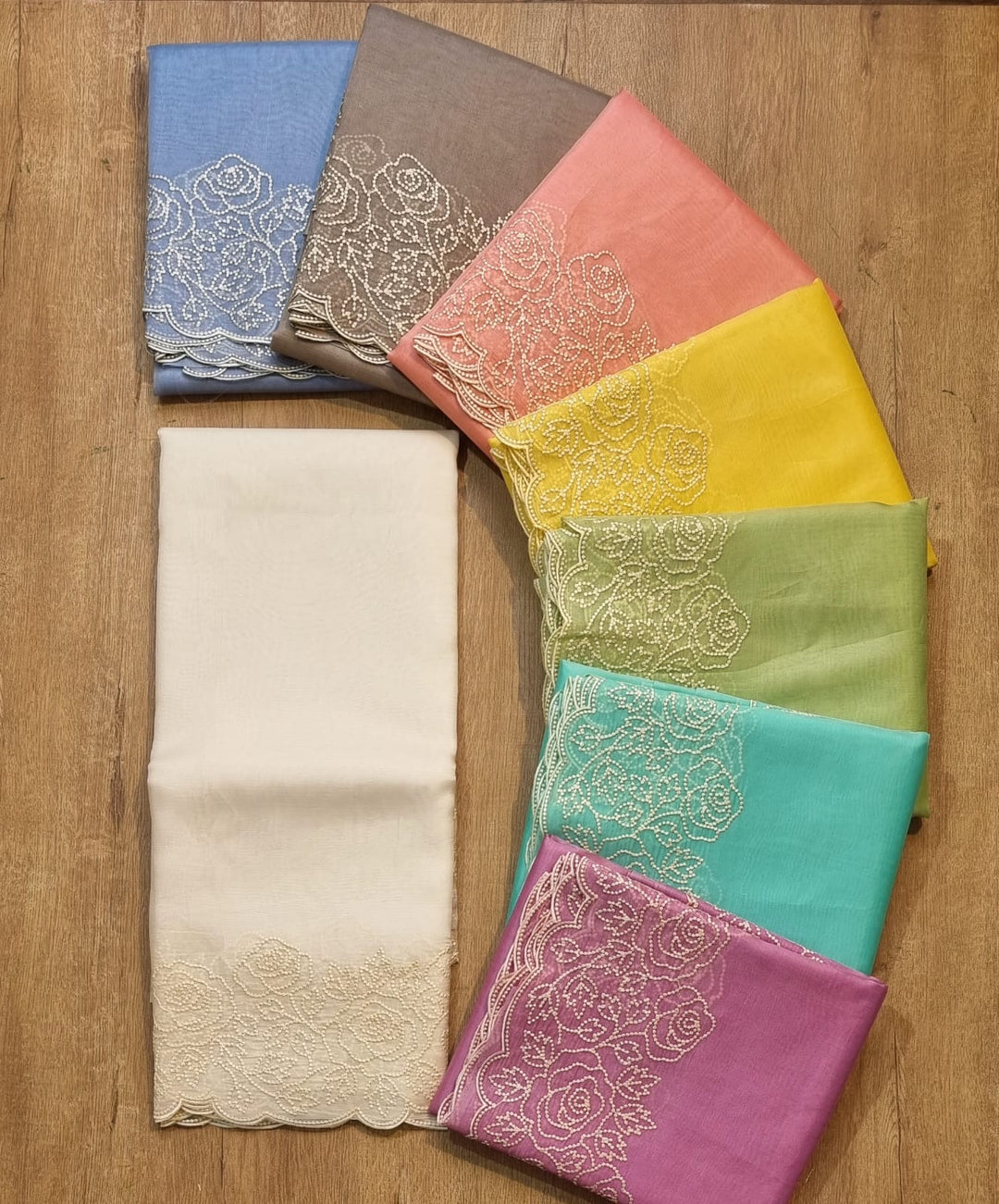 Pure Organza Silk Pearl Embroidery Work Cutwork Scallop Border Saree