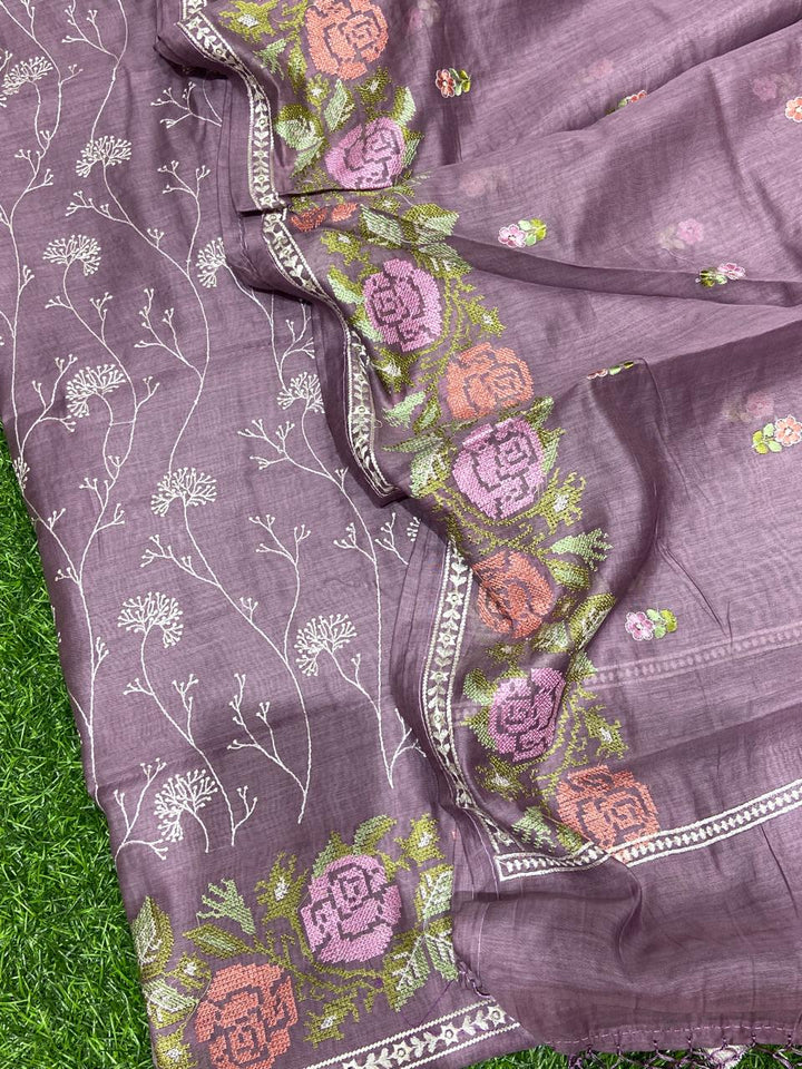 Pure Banarasi Resham Mul Chanderi Silk Embroidery Work Unstitched Suit