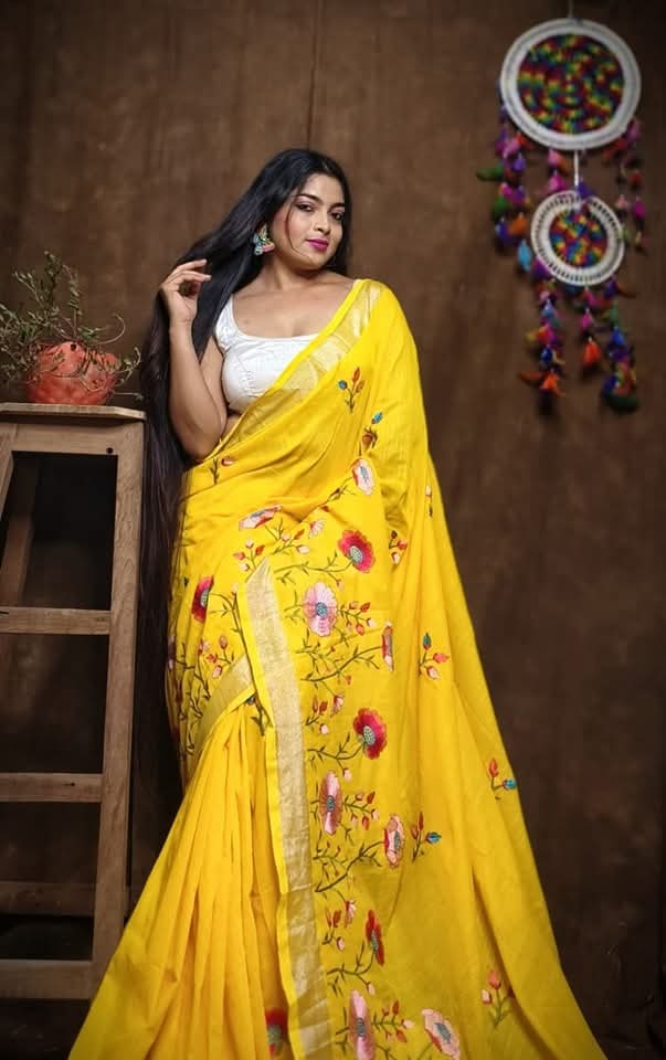 Pure Linen By Linen Saree with Embroidery Work