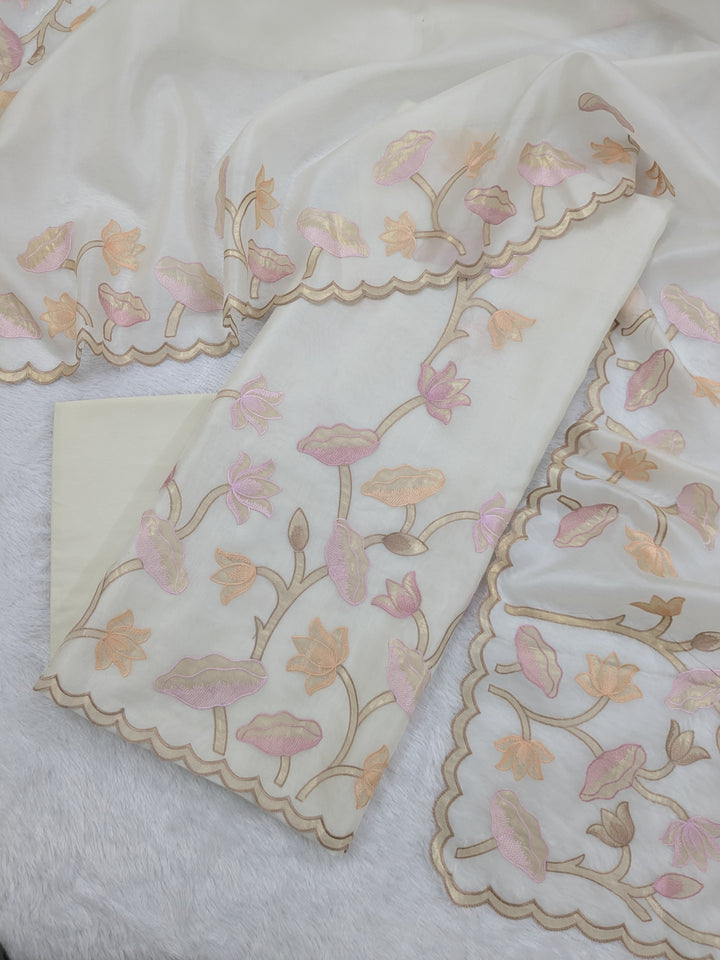 Pure Banarasi Organza Silk Multi-embroidered unstitched Suit with Applique Wor