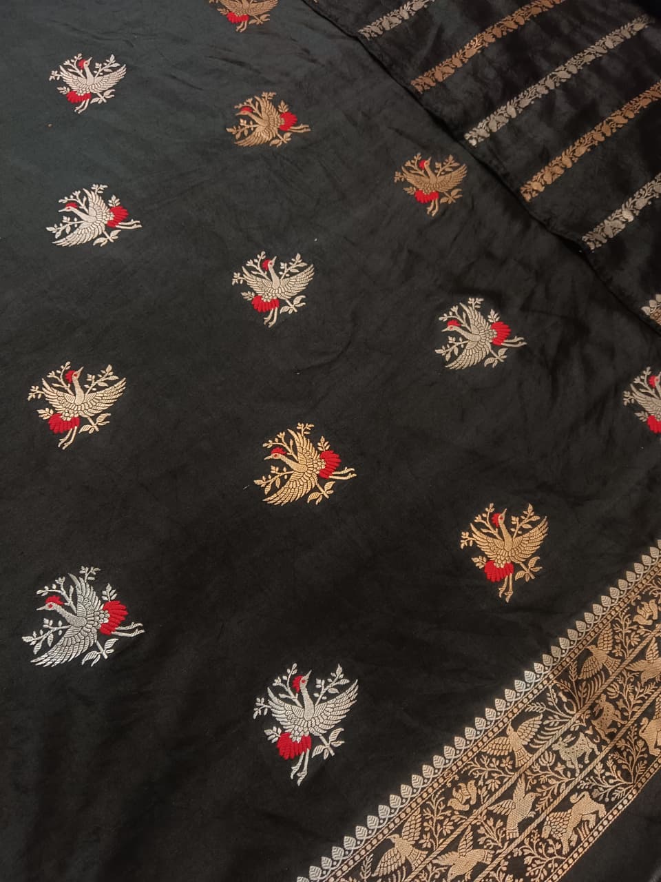 Pure Mango Silk 3 pc Unstitched Suit With Khadwa Weaving and Meenakari Work