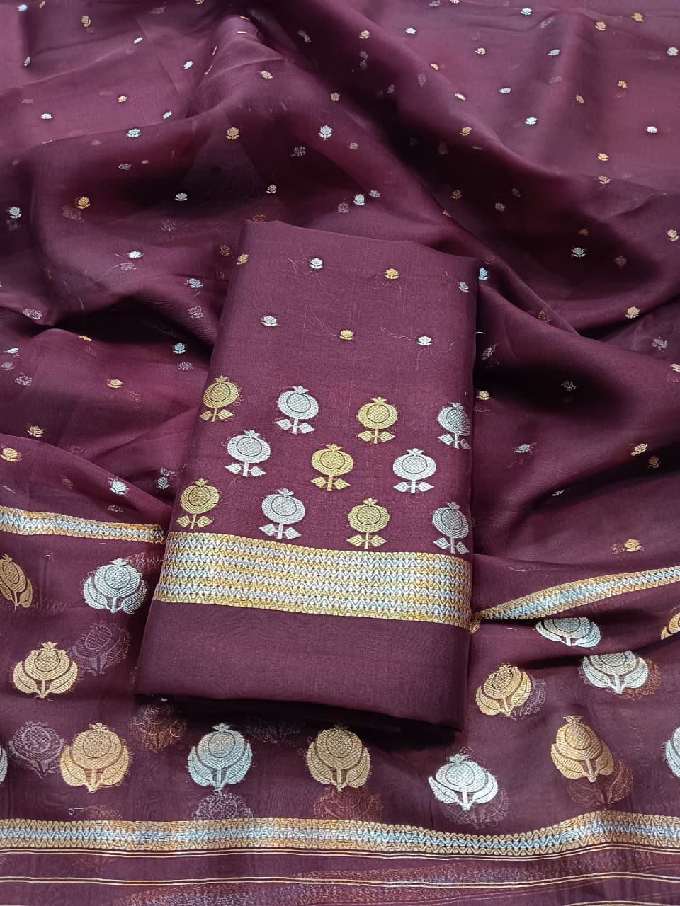 Pure Banarasi Organza Silk Unstitched Suit with Hand weaving