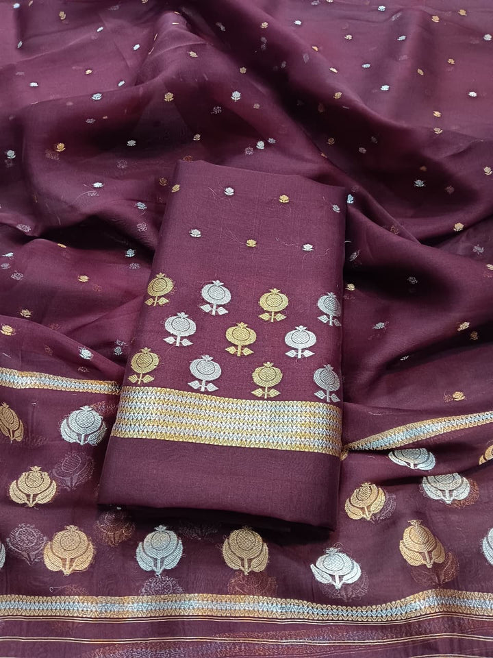 Pure Banarasi Organza Silk Unstitched Suit with Hand weaving