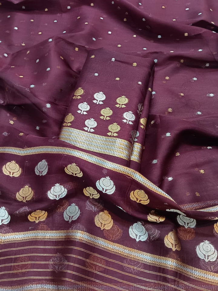 Pure Banarasi Organza Silk Unstitched Suit with Hand weaving