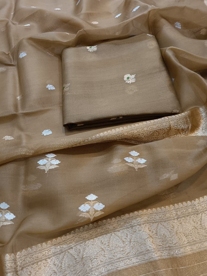 Pure Banarasi Organza Silk Unstitched Suit with Hand weaving