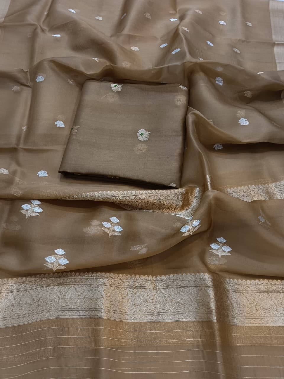 Pure Banarasi Organza Silk Unstitched Suit with Hand weaving