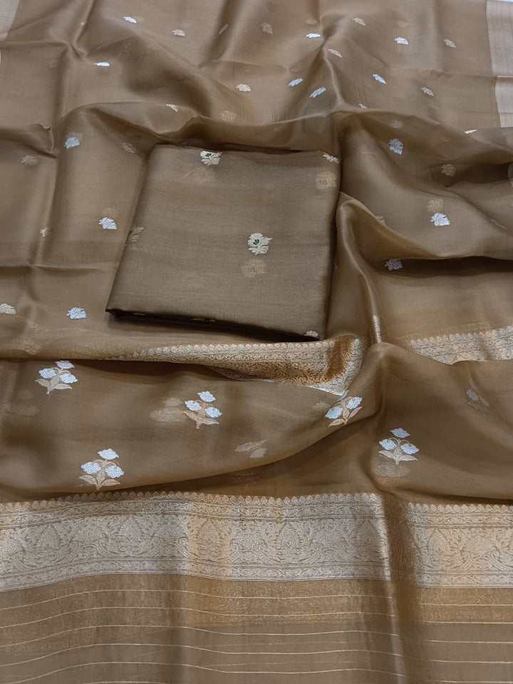 Pure Banarasi Organza Silk Unstitched Suit with Hand weaving