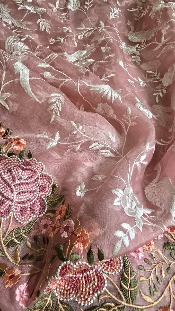 Pure Banarasi Organza Silk Parsi Work Unstitched Suit